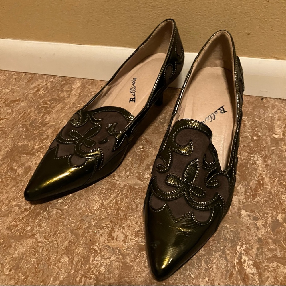 Brown Suede Pumps Bellini Embellished Bronze Patent Floral Size 9